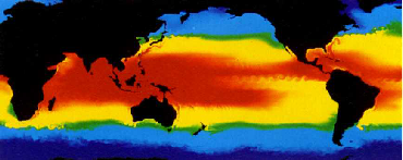 Zeewatertemperaturen zijn op deze satellietopname weergegeven in rood (warm), geel en blauw (koud).