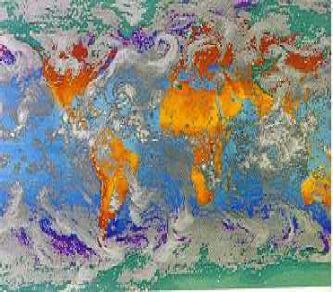 Dit satellietbeeld is met de computer ingekleurd en laat de verschillende luchtstromingen zien.