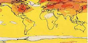 Dit klimaatmodel voorspelt de gevolgen van een verdubbeling van de huidige hoeveelheid koolstofdioxide in de atmosfeer. De temperatuur neemt van 0-2 °C (geel) tot 8-12 °C (rood) toe. Dramatisch veel warmer wordt het in het noorden van Europa en Azië, in Noord-Amerika en binnen de poolcirkel.